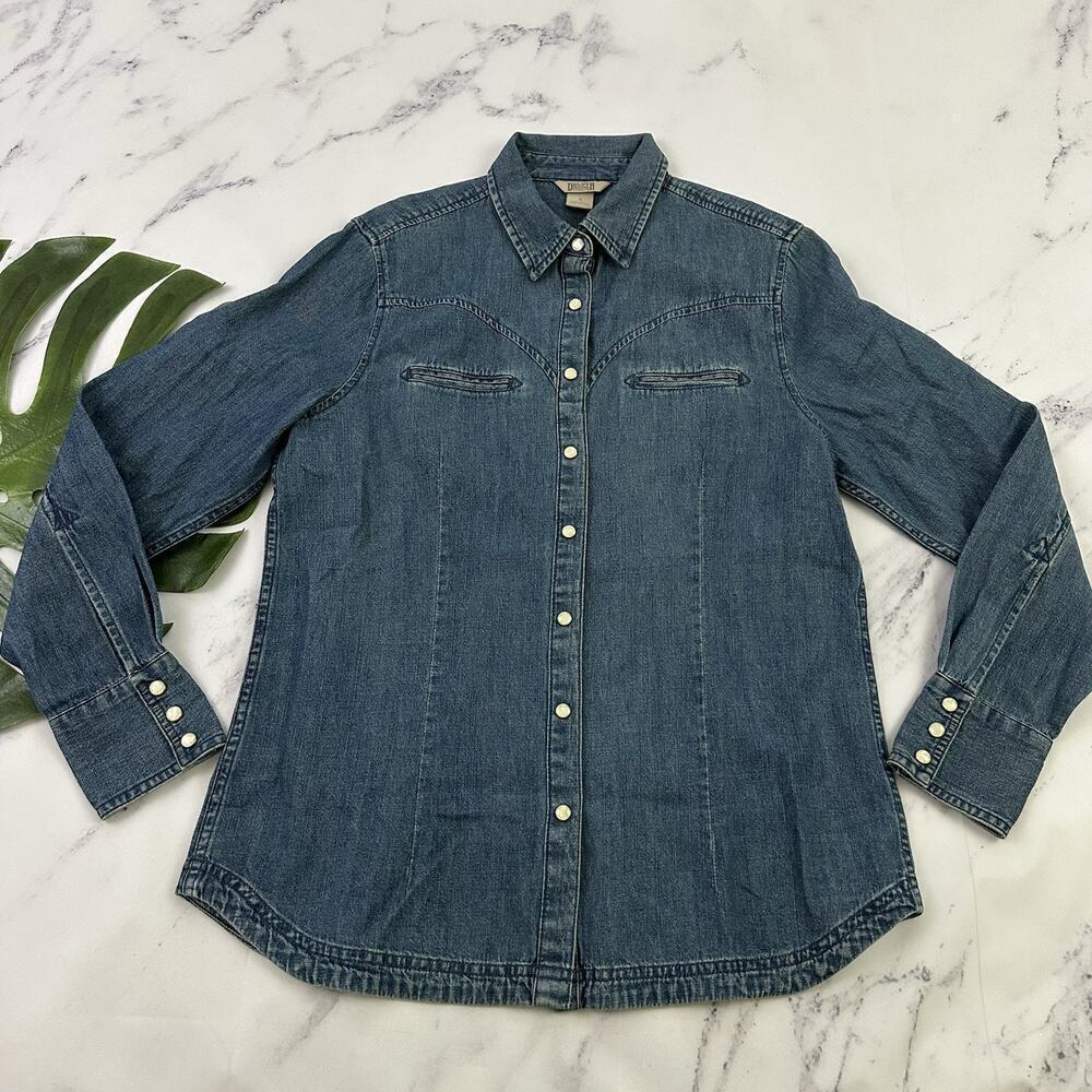 Duluth Trading Co Womens Denim Shirt Size S Pearl Snap Western Button Up Blue